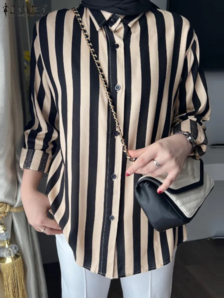 

ZANZEA Women Casual Stripe Printed Blouse Fashion Eid Mubarek Muslim Shirt Spring Long Sleeve Lapel Neck Tops Oversized 2024