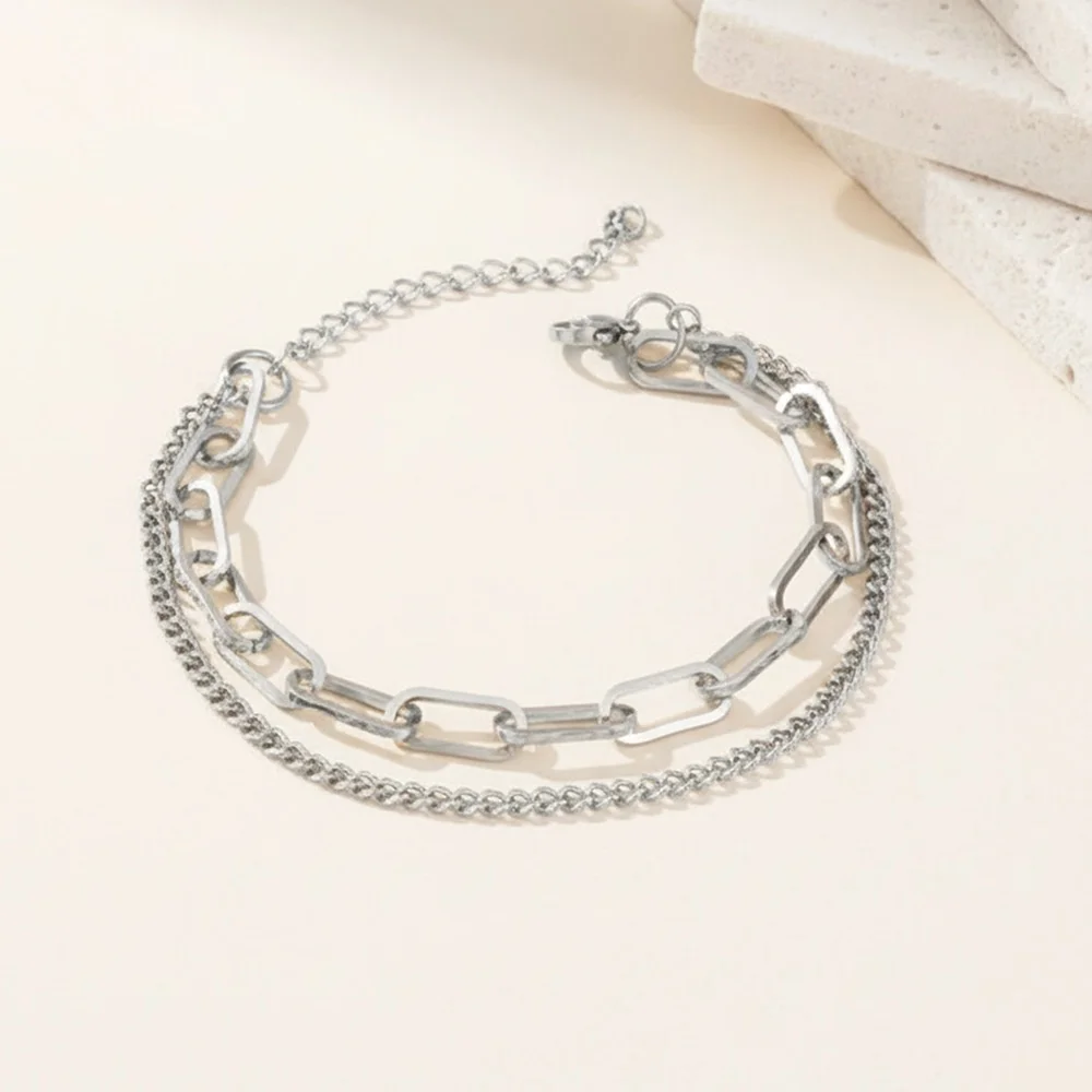 Hip-Hop Doppelschicht-Paperclip-Kette Herrenarmband Einfaches Goldfarbenes Edelstahl-Schmuckstück Modisches Damenarmband Accessoires – Detail 3