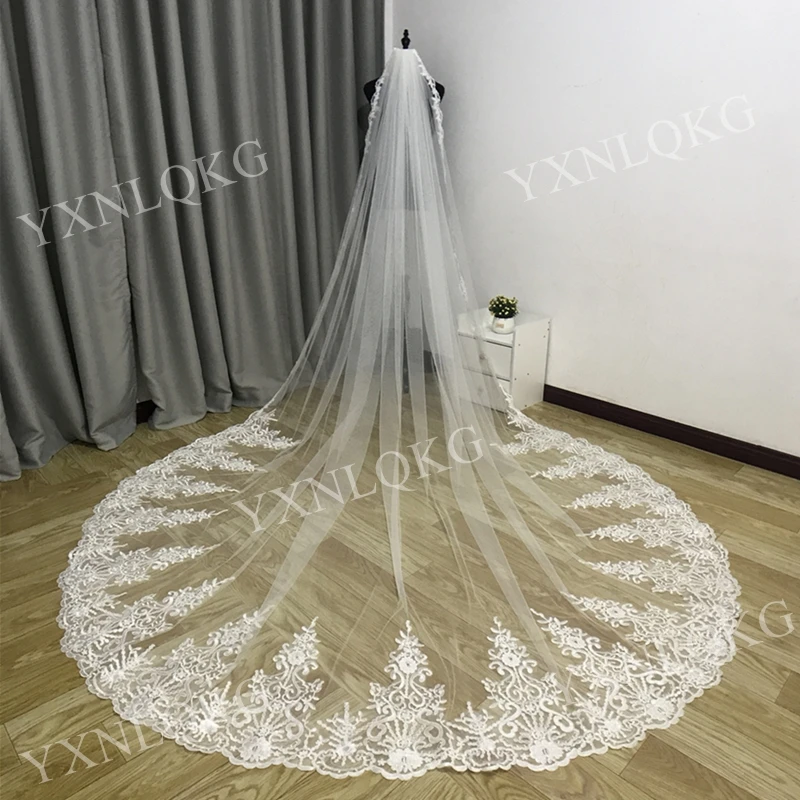 Customized Real photos Luxury 3 meters Cathedral Wedding Bridal Ivory White Lace Veil with comb Custom Made Wedding bridal veil