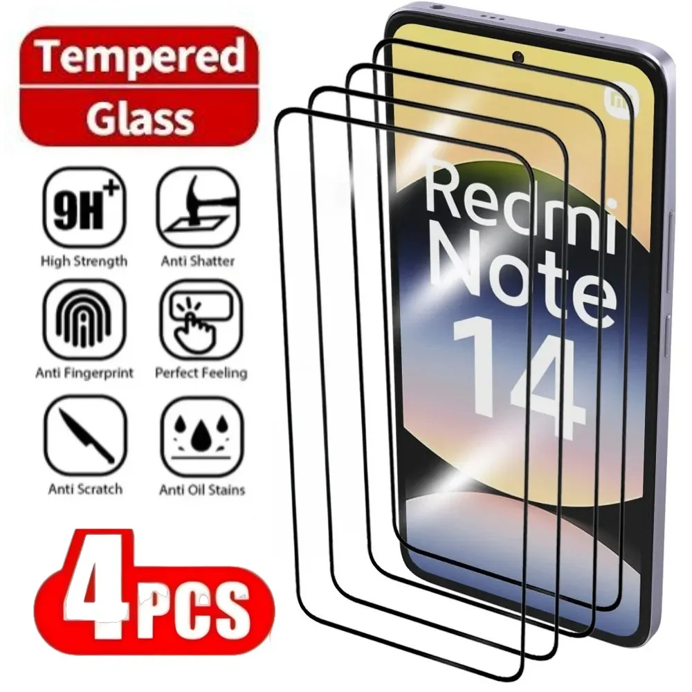 

4Pcs High Clear Tempered Glass For Redmi Note 14 13 12 Pro Plus 14S 12S 11S Screen Protector for Redmi 15C 14C 13C 12C 10A 9A 9T