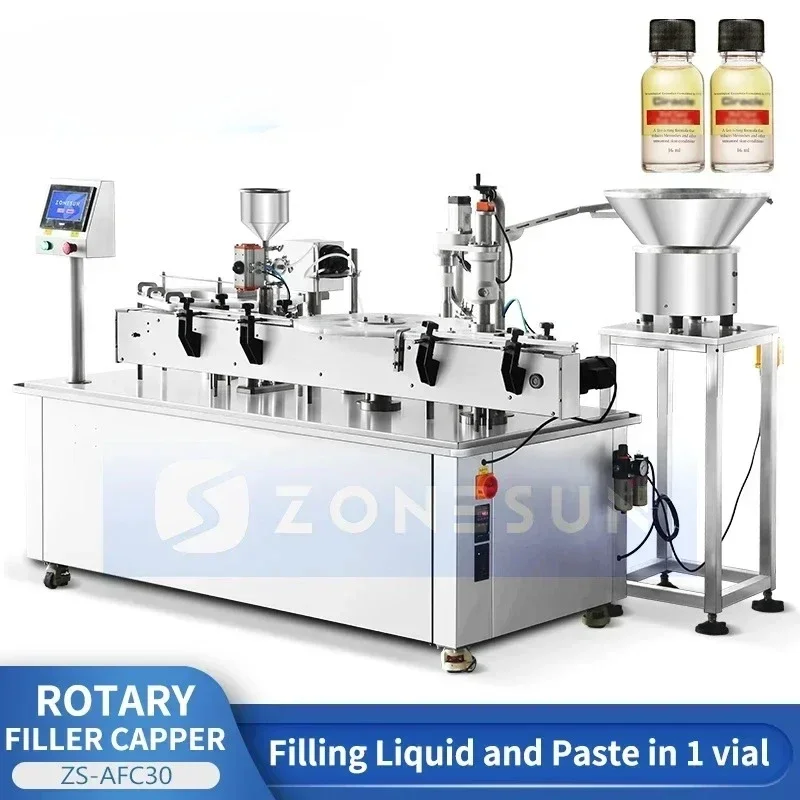 ZONESUN Dual Filling Systems Paste and Liquid Filling Capping Machine with Vibratory Bowl Feeder Monoblock Dual-phase ZS-AFC30