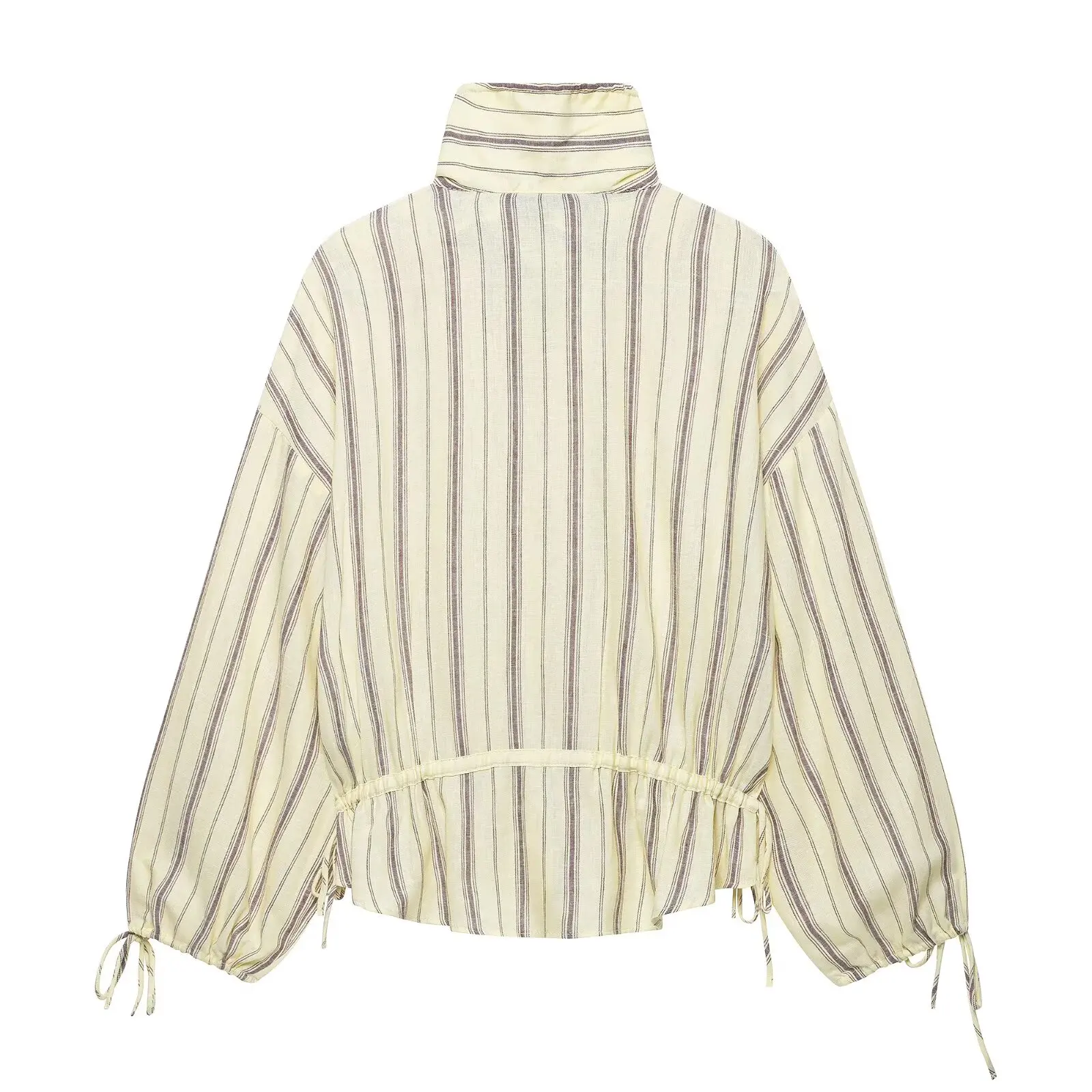 BSAY 2026 Women Striped Stand Collar Jacket Detachable Shoulder Button Coat Drawstring Hem Long Sleeve Casual Loose Outerwear