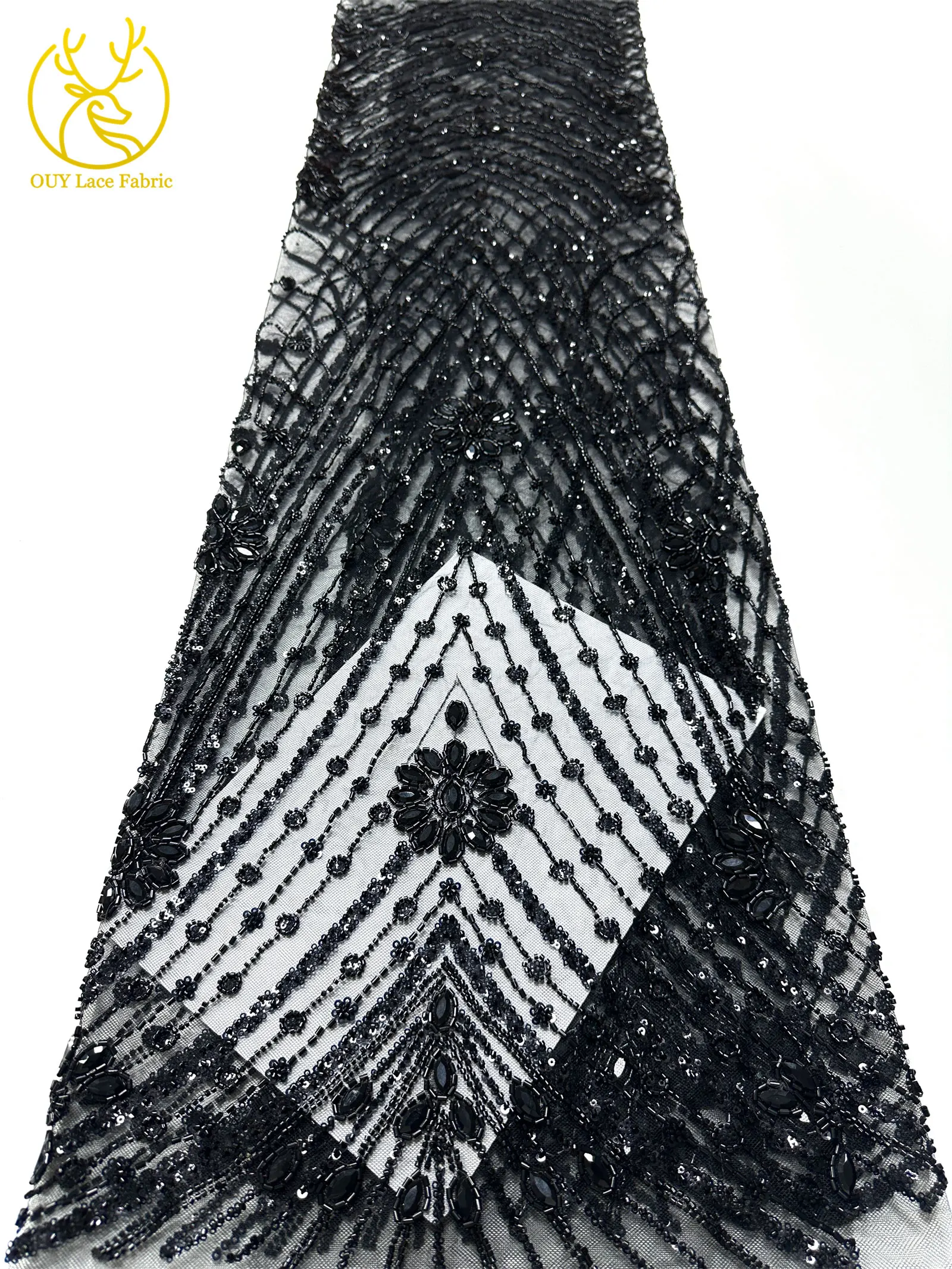 Neuester afrikanischer handgefertigter Perlen-Diamant-Spitzenstoff 2026, luxuriöser nigerianischer Pailletten-dunkelblauer transparenter Spitzenstoff für Hochzeitskleid – Detail 25