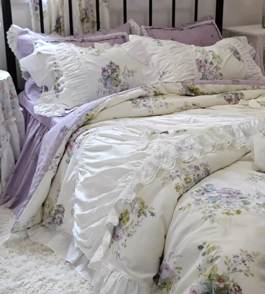 

Romantic pastoral floral bedding set,full queen king purple ruffled flower cotton home textile bedspread pillow case duvet cover