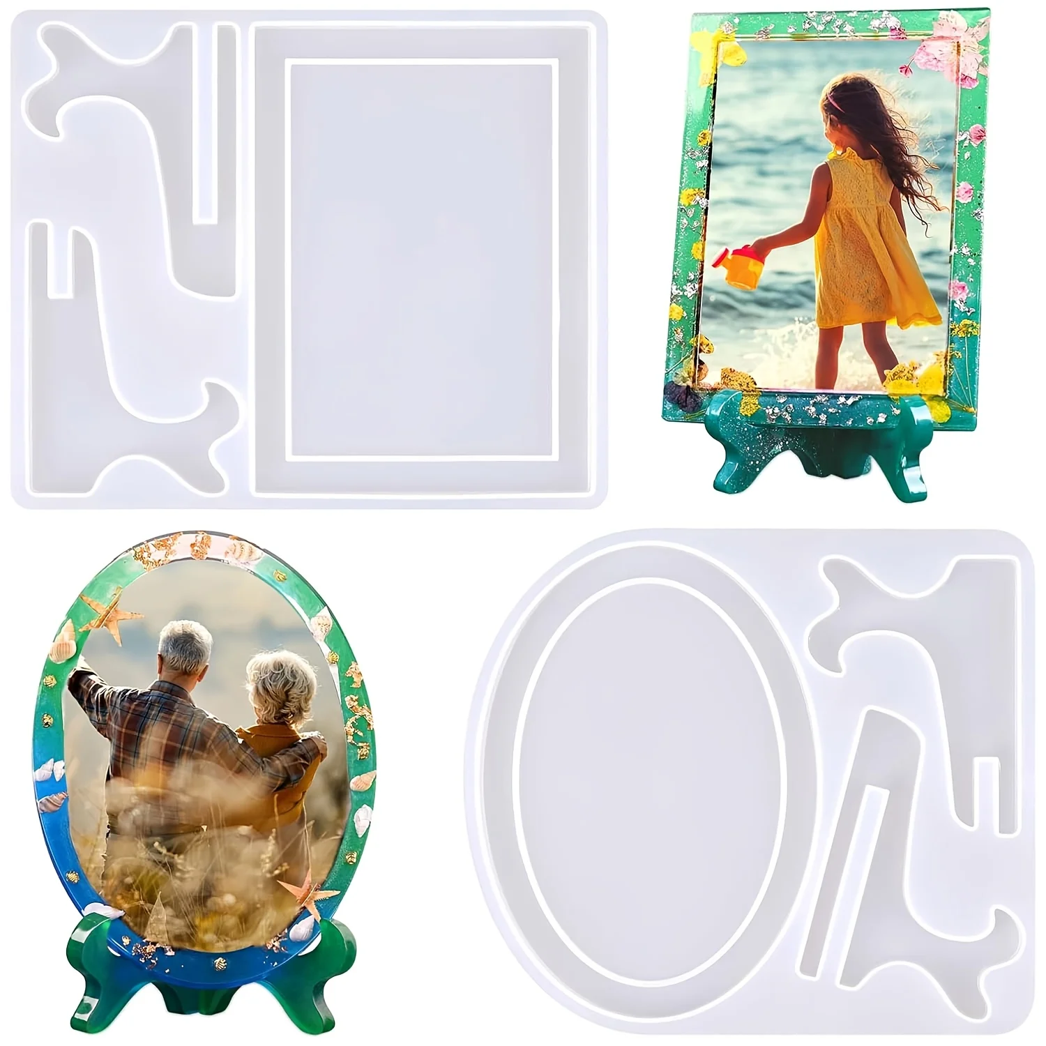 1 unidade - Moldes de resina para molduras de fotos com suportes, moldes epóxi retangulares e ovais, presentes artesanais, decorações de mesa para casa