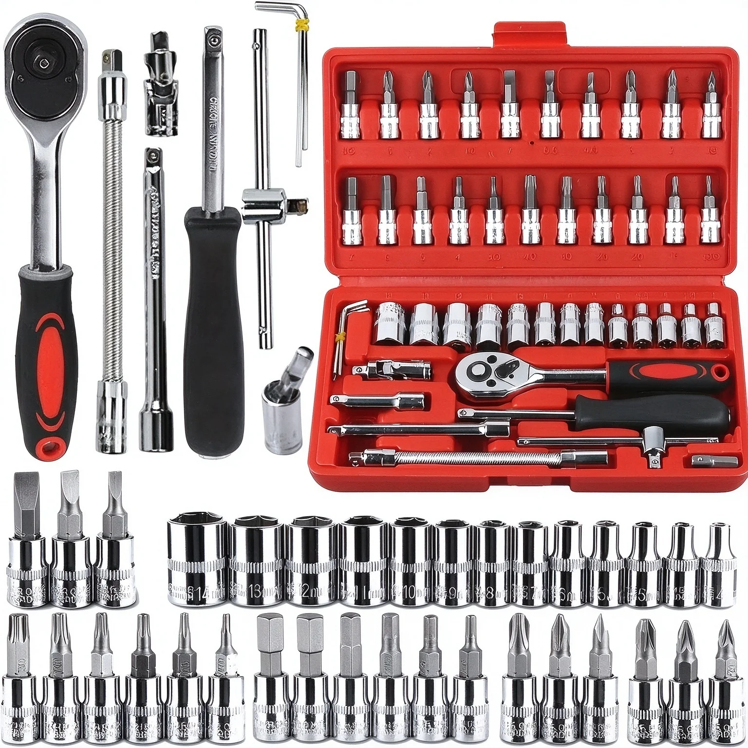 46Pcs 1/4Inch Drive Socket Ratchet Wrench Set Metric Sockets Bits Extension Bar CR-V Steel Hand Tool Kit for Auto Car Repair DIY