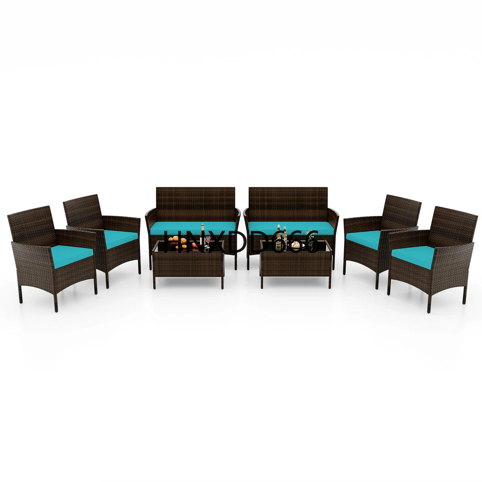 

8 PCS Patio Furniture Set with Washable Cushions and Tempered Glass Coffee Table Turquoise