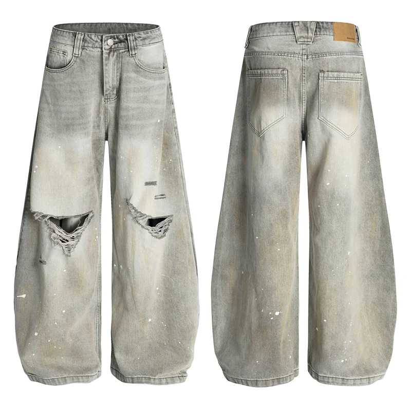 Spring Summer American Style Ink Splash Distressed Jeans Men Worn-out Hole Male Curved Knife Denim Pants High Street Male Tide