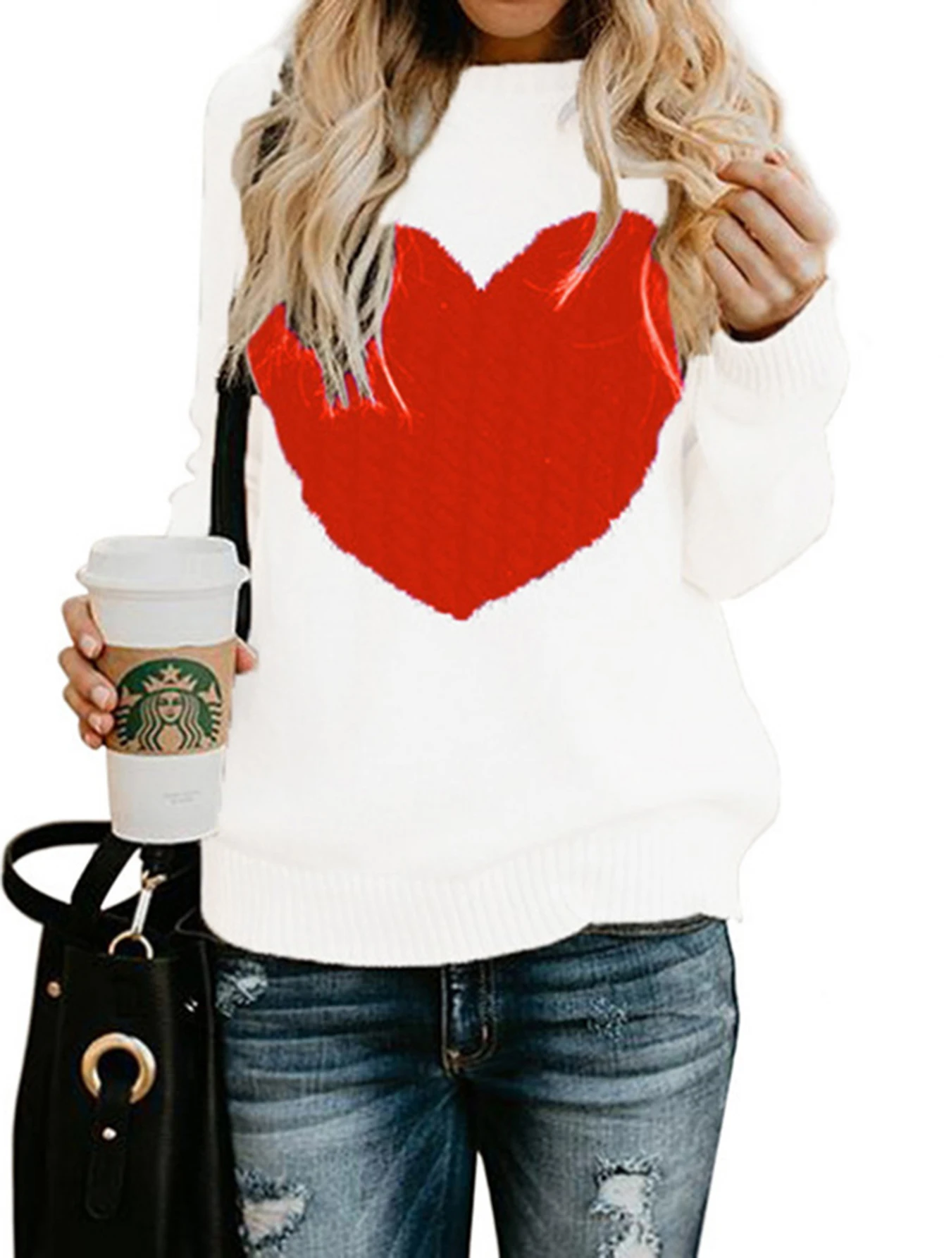 

Women's Fashion Heart Crew Neck Sweater Long Sleeve Regular Fit Daily Wear Autumn Winter Top