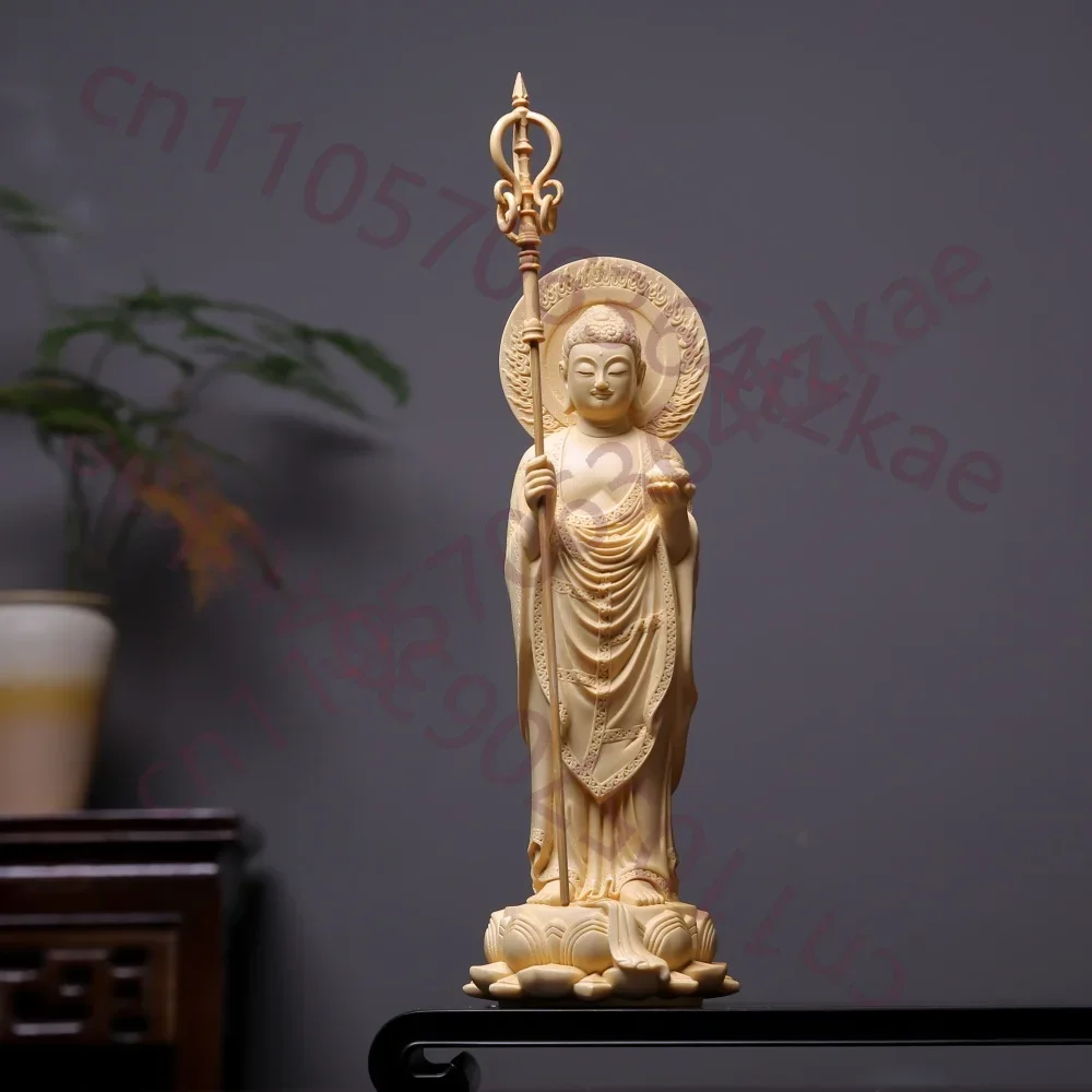 Hand Carved Wooden Kṣitigarbha Bodhisattva Statue Figurine Dizang Pusa Monk Sculpture Spiritual Buddhist Home Temple Altar Decor