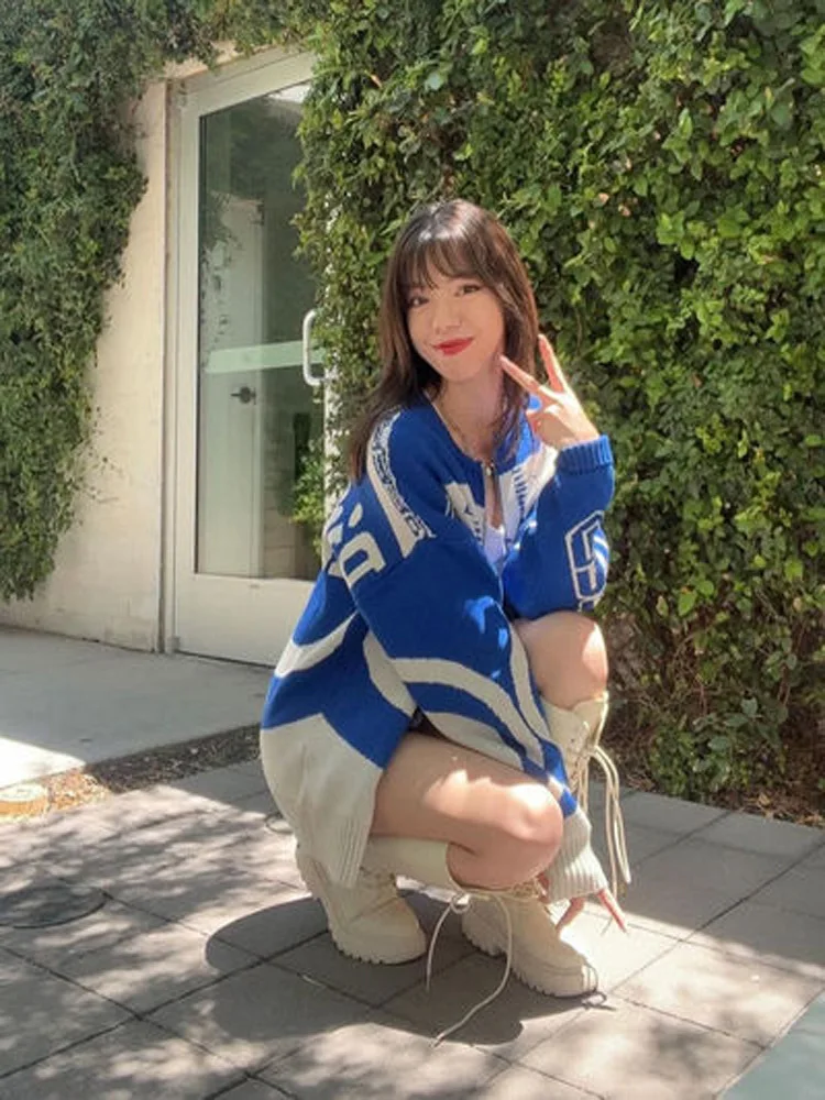 خريف/شتاء 2024 جديد Y2k نمط الألفية إلكتروني نمط مطبوعة الشارع نمط متماسكة سترة سستة معطف الزخرفية المرأة