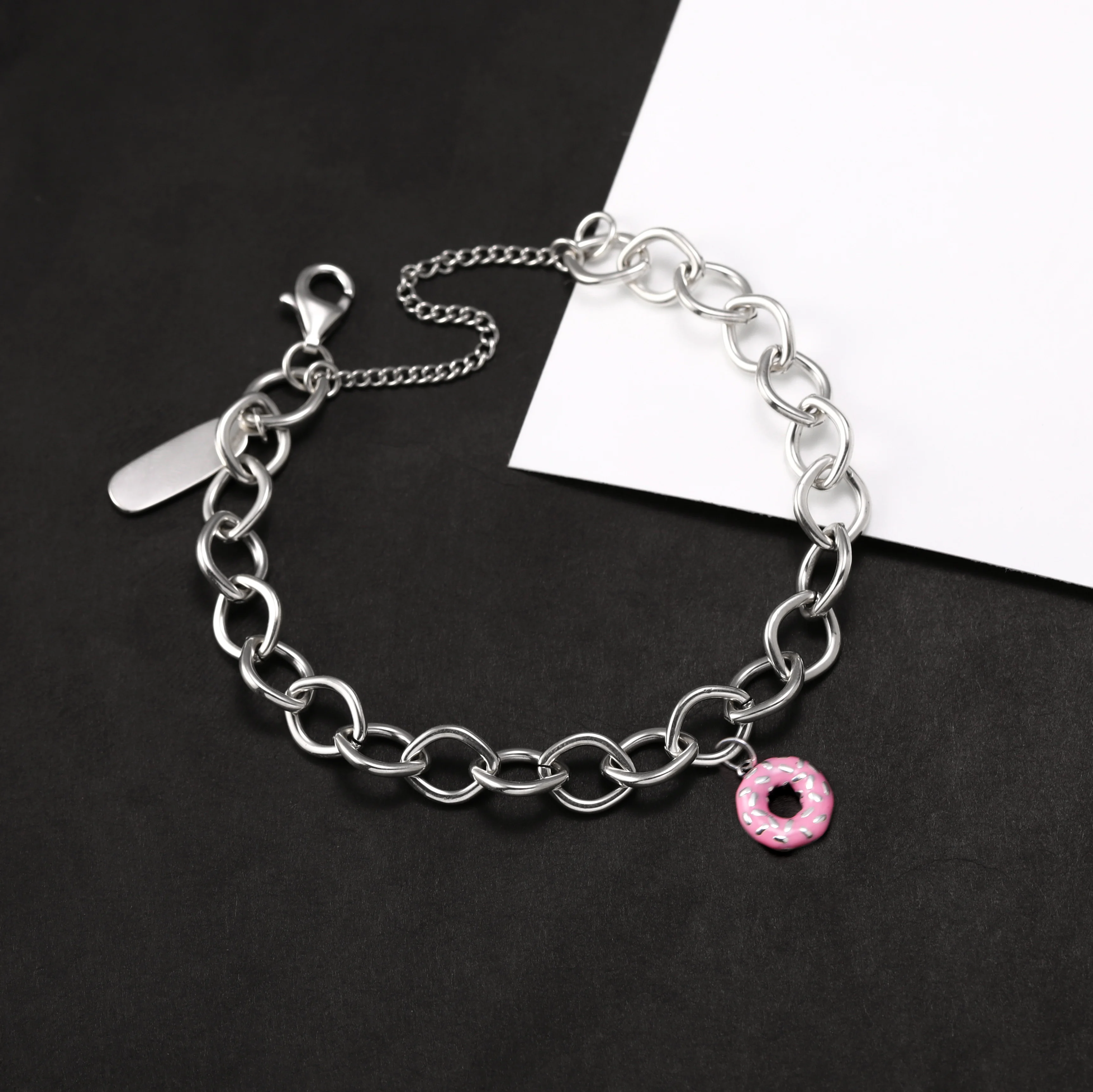 

Genuine 925 sterling silver Forged Link Charm Bracelet paired with Enamel frosted donut pendant
