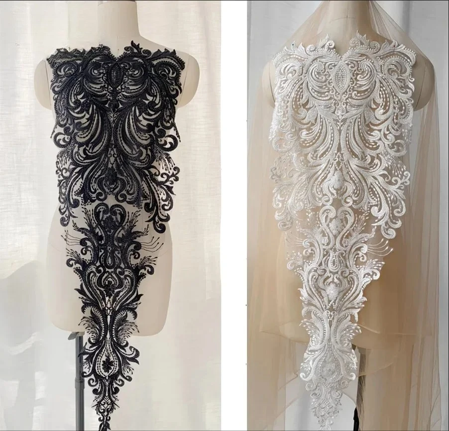 

New High Quality Wedding Embroidery Beading Big Flowers Ivory White Black Lace Applique Clothing Dress Patch Accessories