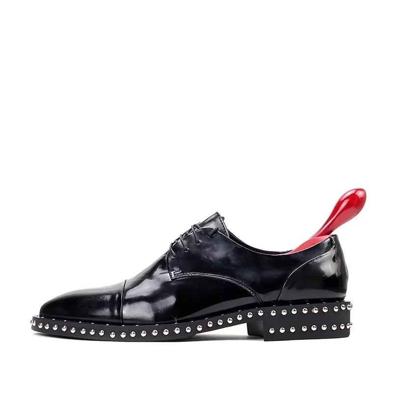 Flat men's shoes spring rivet lace-up highlight leather shoes banquet formal wear large size small size square heel leather shoe