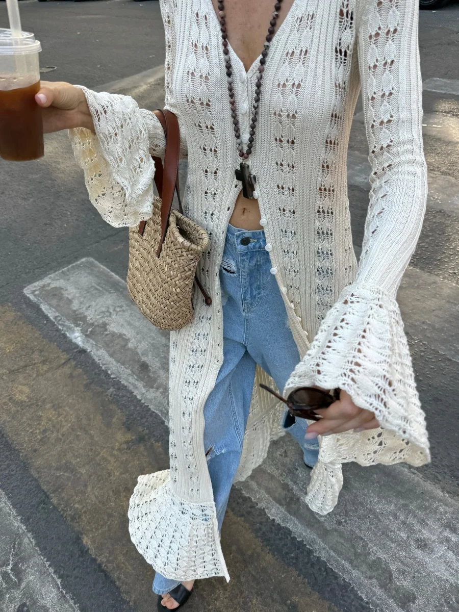 Puloru Hollowed Crochet Knit Long Cardigans for Women Ladies Autumn Chic Flare Sleeves V Neck Buttons Outwear for Streetwear