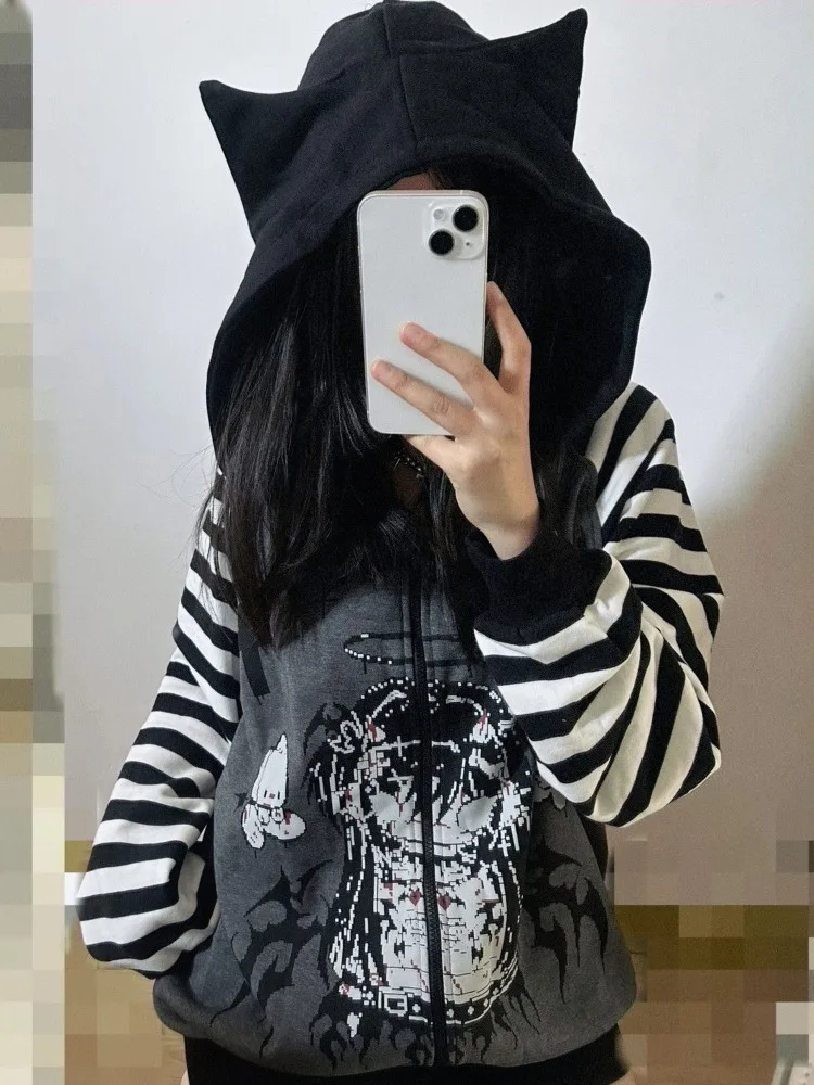 Harajuku Stripe Patchwork Hooded Tops Streetwear Oversized Y2k Aesthetic Autumn Hoody Women Grunge Printing Cat Ears Sweatshirt