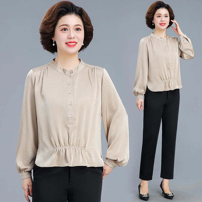 

Женская блузка с длинным рукавом для женщин старше 50 лет, осенняя модная брендовая блузка, новинка 2025 года, весенне-осенняя блузка малого размера