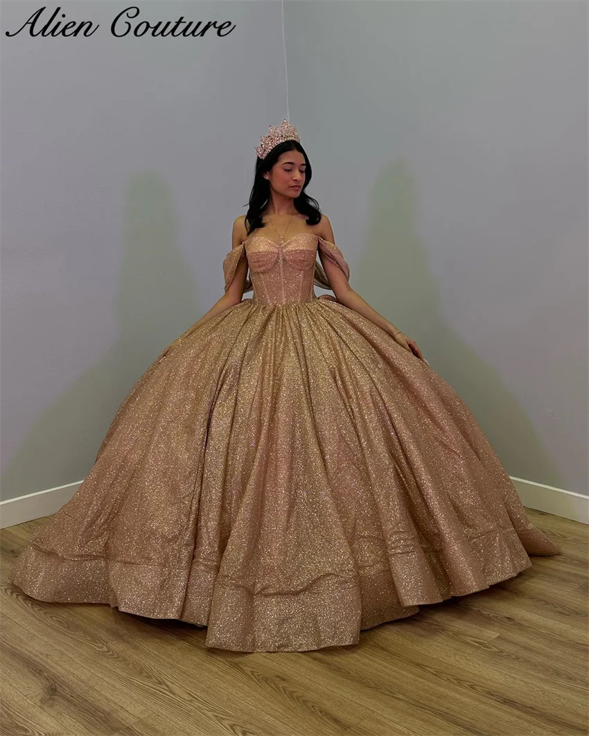 

Sparkly New Rose Gold Quinceanera Dresses Ball Gown 2024 Off The Shoulder Birthday Dress Vestidos Lace-up Customized