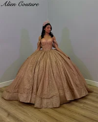 Sparkly New Rose Gold Quinceanera Dresses Ball Gown 2024 Off The Shoulder Birthday Dress Vestidos Lace-up Customized 