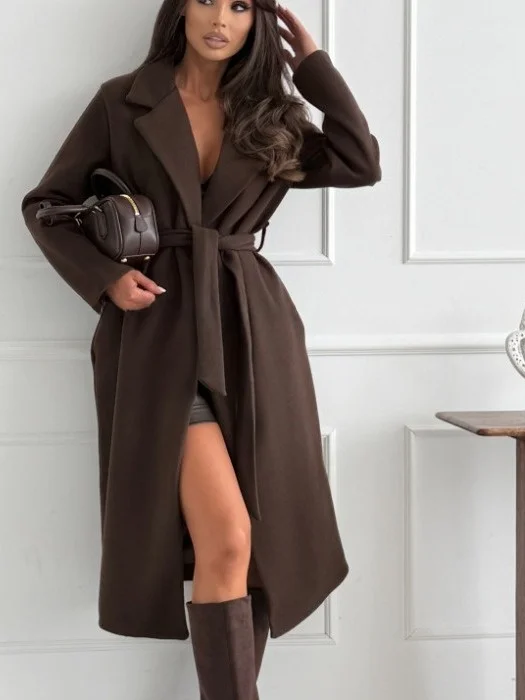 

Autumn Winter Cheered Woolen Coat Simple Long Sve Suit Collar Commuting Khaki Color Women's Street Sle Thiened Outer...