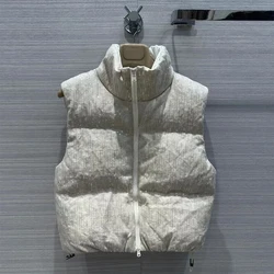 New Fashion Winter Warm Thick Goose Down Coat Sleeveless Zipper Fly Beige Color Sequins Casual Tank Vest Jacket