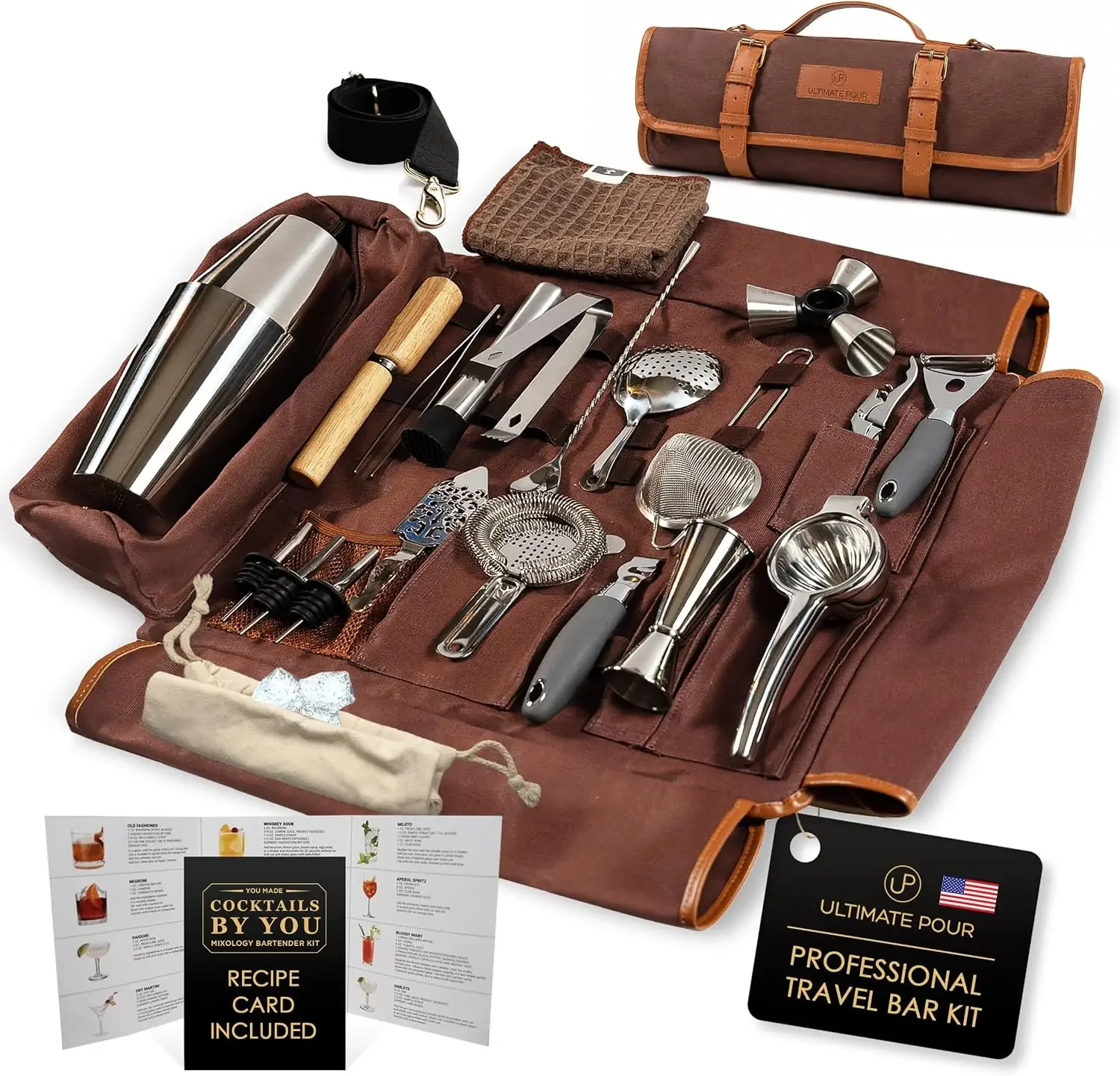 Traveling Bartender Kit, 24-Pc Cocktail Shaker Set with Waxed Canvas Bag