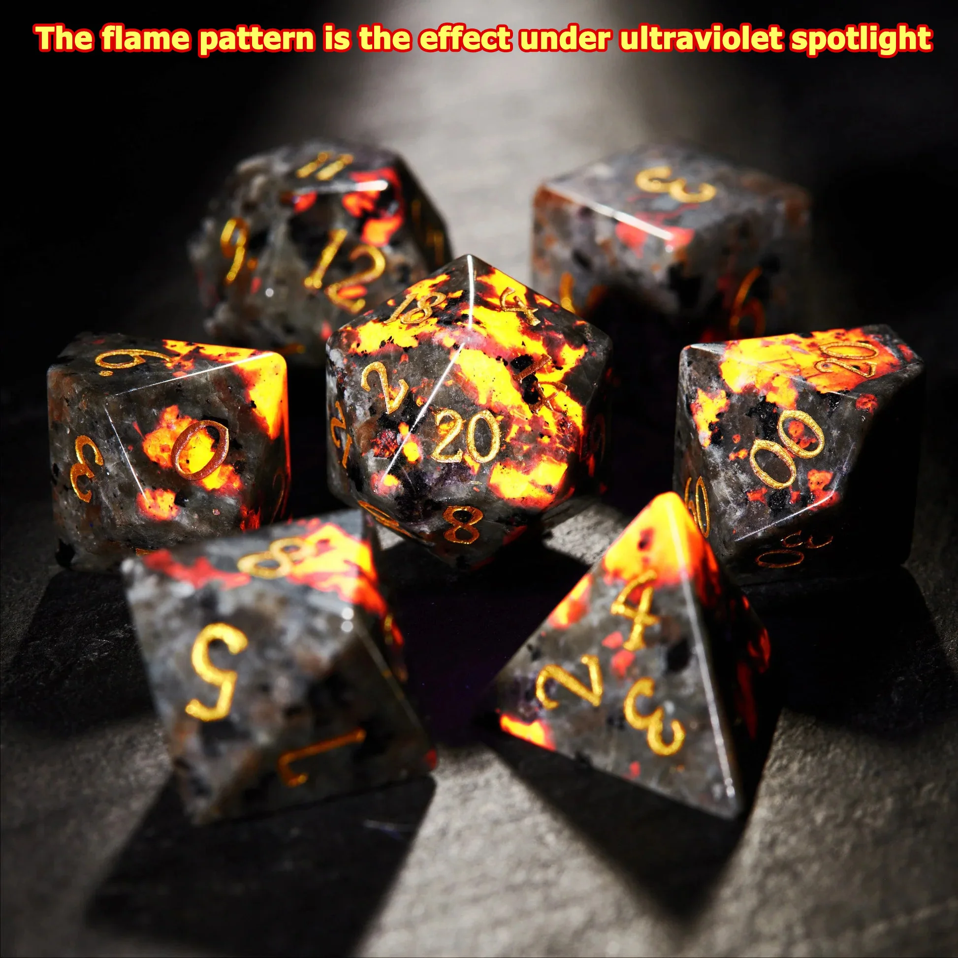 7-częściowy zestaw kości DND Flame Stone Gemstone Dice Volcanic Rock Dice Wielostronne kości wielościenne do gry D&D COC Role Playing RPG Table
