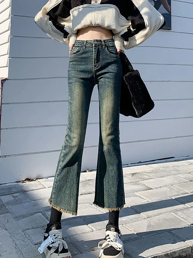 Streetwear Vintage Bootcut Jeans Women's Casual Fashion Retro Straight Baggy Vaqueros High Waisted Wide Leg Fringed Denim Pants