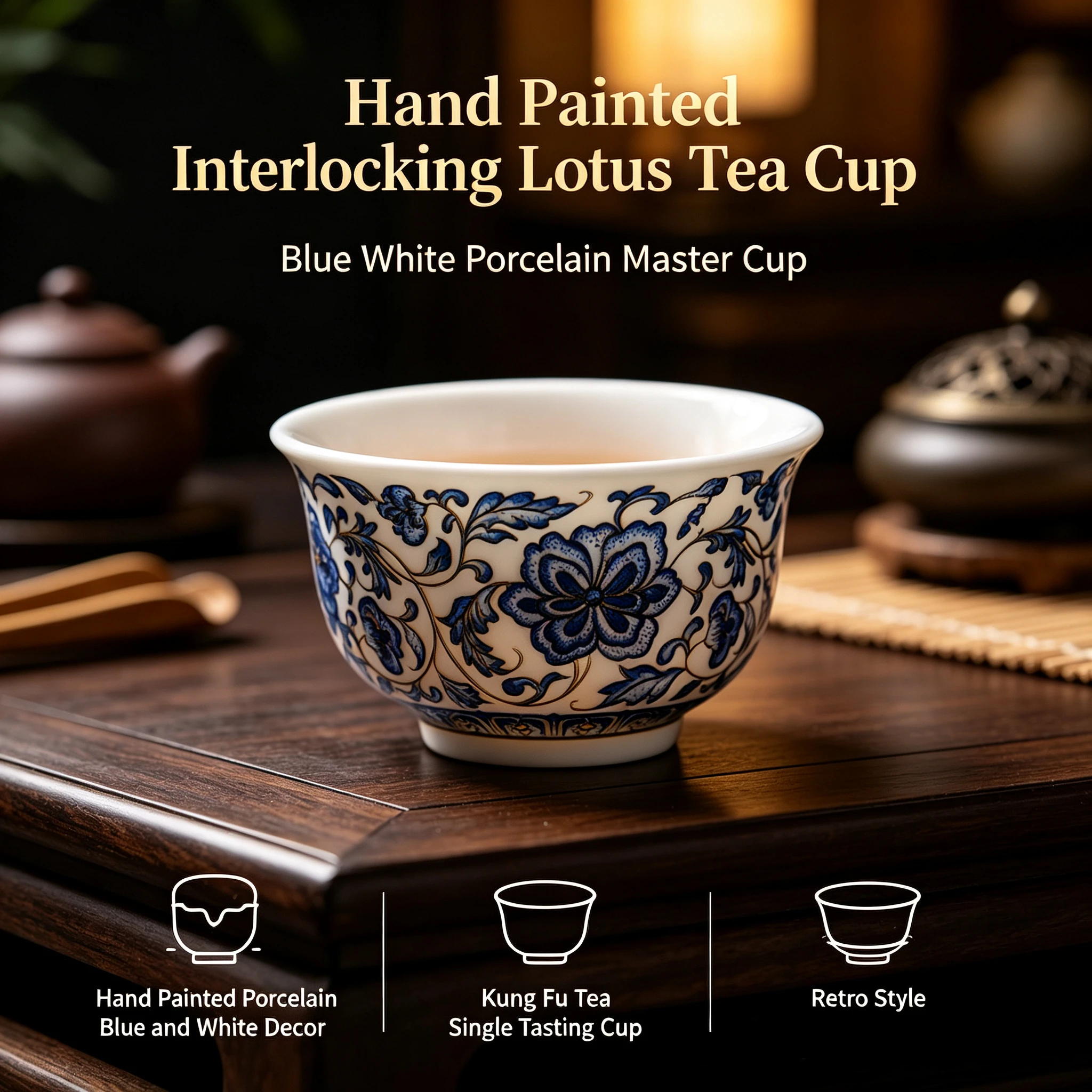 Hand Painted Interlocking Lotus Blue White Porcelain Master Cup Jingdezhen Retro Kung Fu Tea Single Tasting Teacup