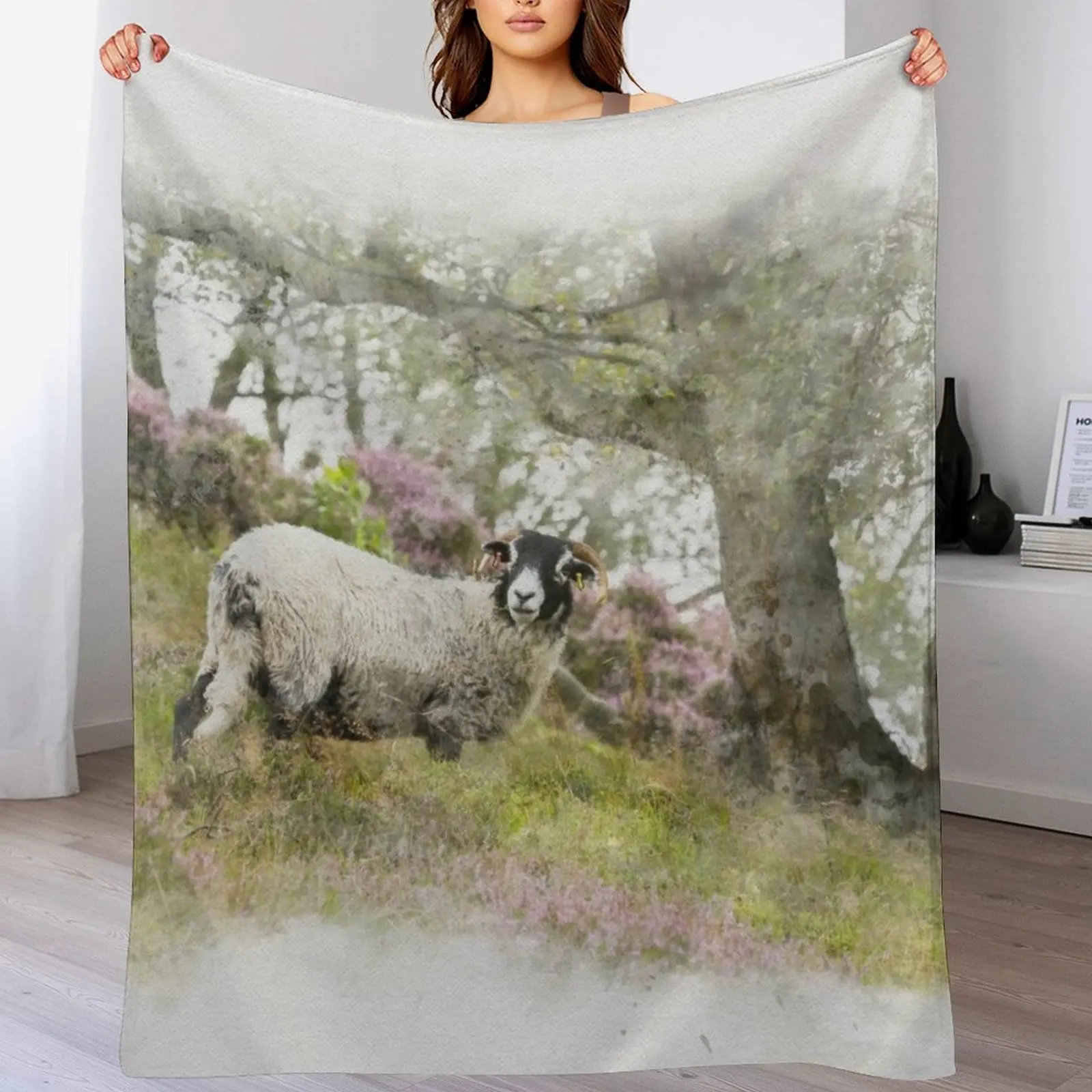 Swaledale Sheep on Stanton Moor Watercolour Photograph Throw Blanket For Baby Extra Large Throw Blankets