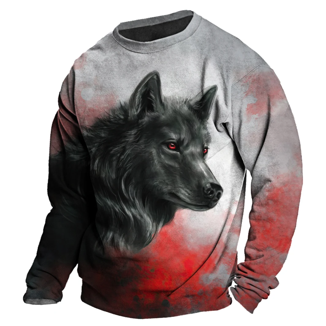 Men\'s Autumn Long Sleeve T-Shirt Wolf Animal Graphic 3d Print Tees Top Harajuku Pullover Casual Oversize Streetwear Male Clothes