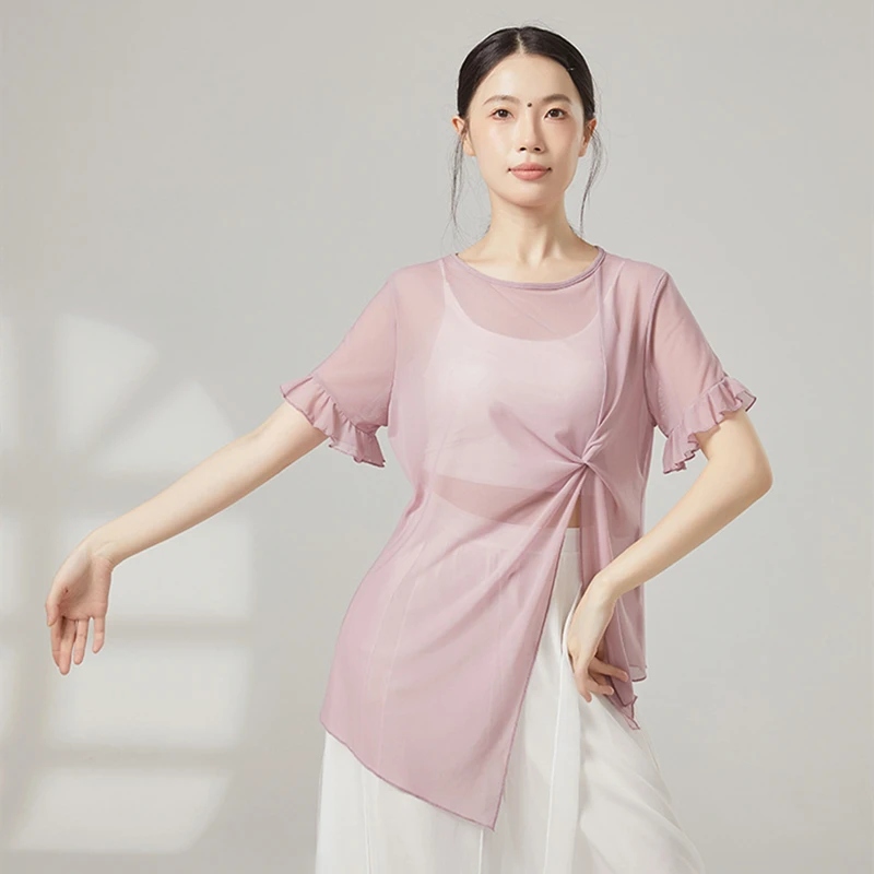 Classical Dance Gauze Tops Women Short Sleeve Sheer Shirts See Through Irregular Blouse Twist Knot Waist Yoga Training Clothes