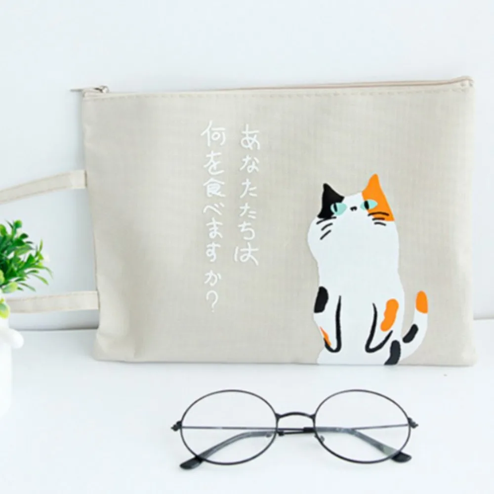 Bolsa portátil para documentos A4, bolsa de almacenamiento de papel con imagen de gato de lona, bolso de suministros escolares de dibujos animados
