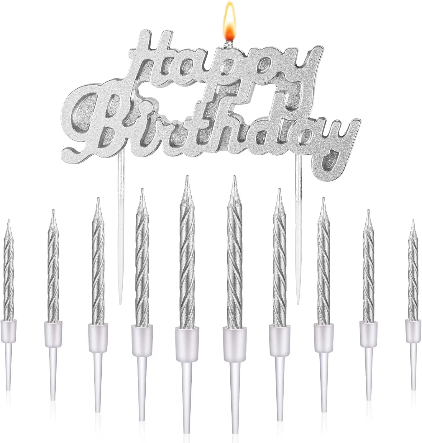 11pcs Happy Birthday Candles Letter Cake Topper with Spiral Candles for Cake Topper Birthday Decoration Party Supplies(Silver)