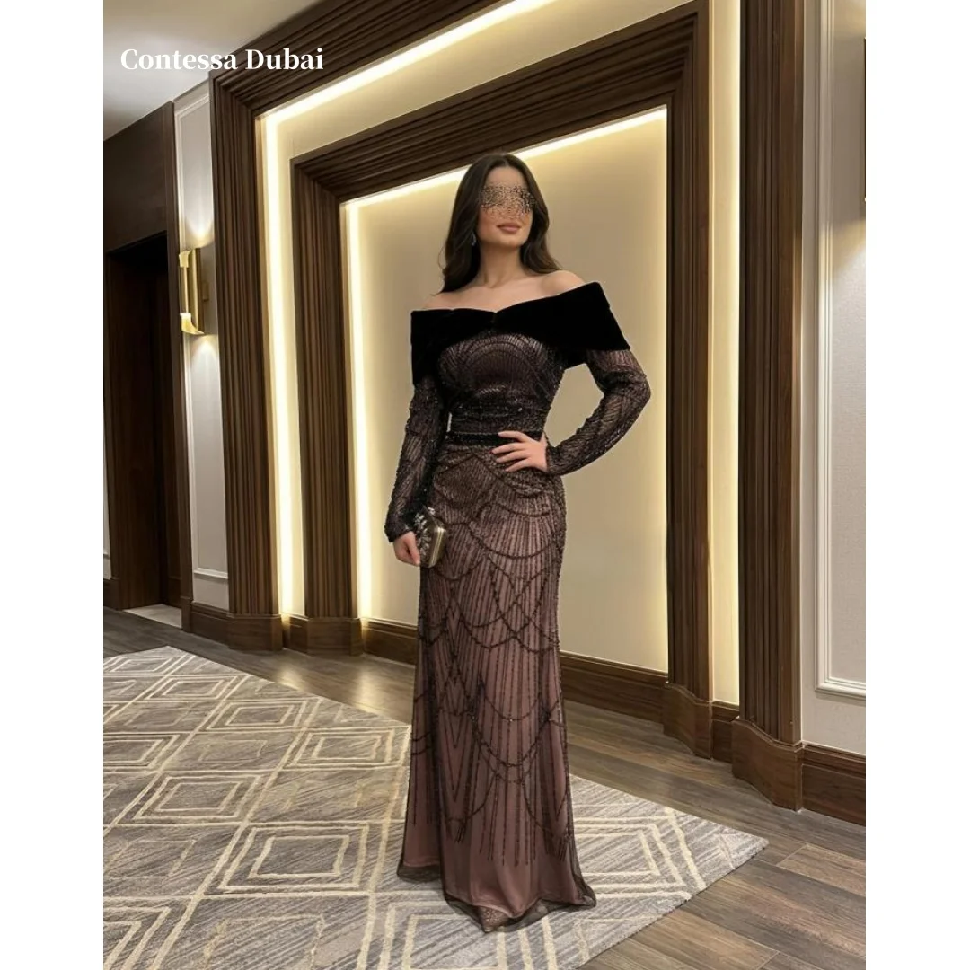 

Contessa Customized Black Lace Prom Dress Off Shoulder Mermaid robes de soirée Long Sleeve Evening Dresses Floor-Length Gown