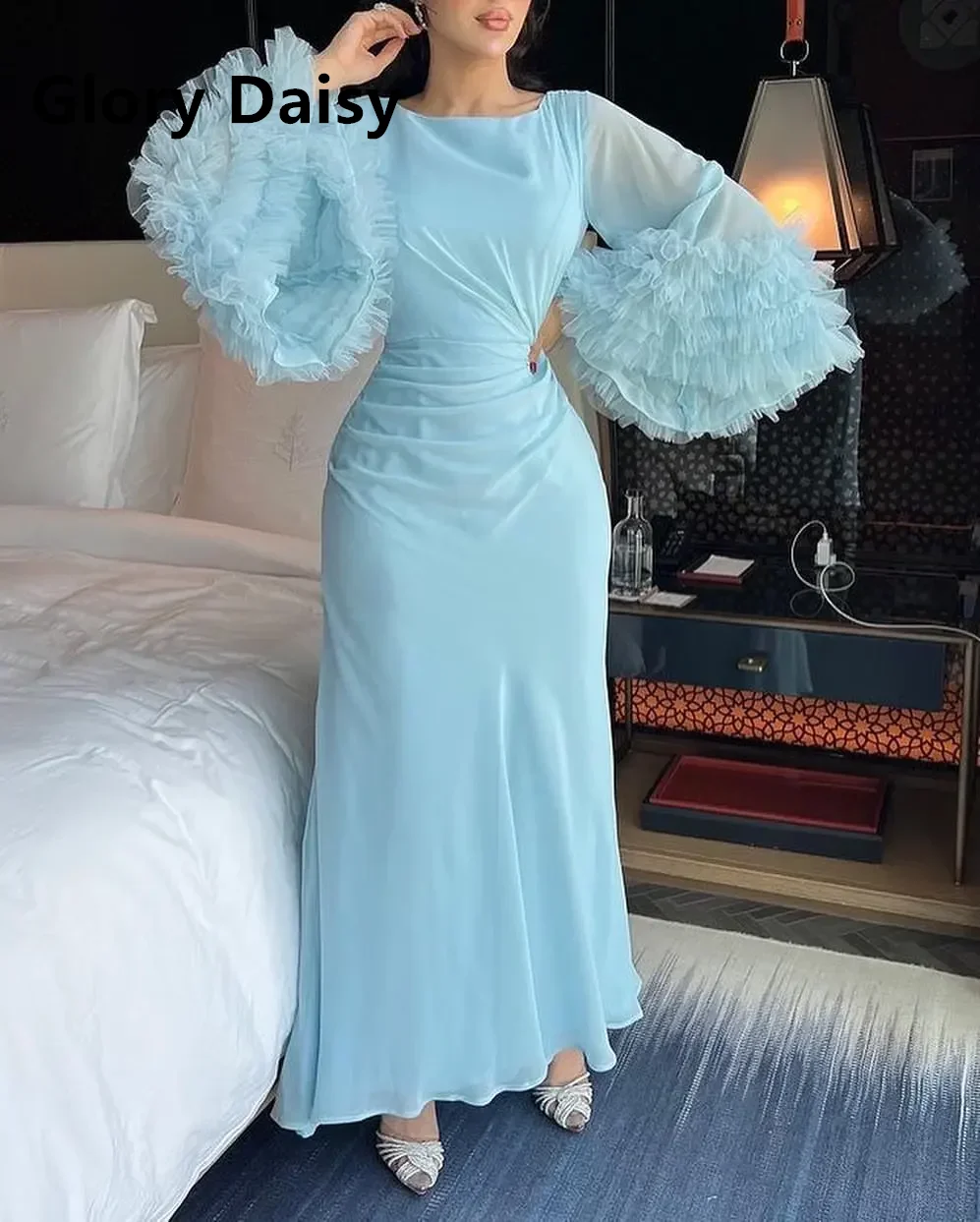 Blue Chiffon Prom Dresses Square Neckline Long Sleeves Evening Dresses Ruffles Ankle-length Saudi Arabia Wedding Party Dress