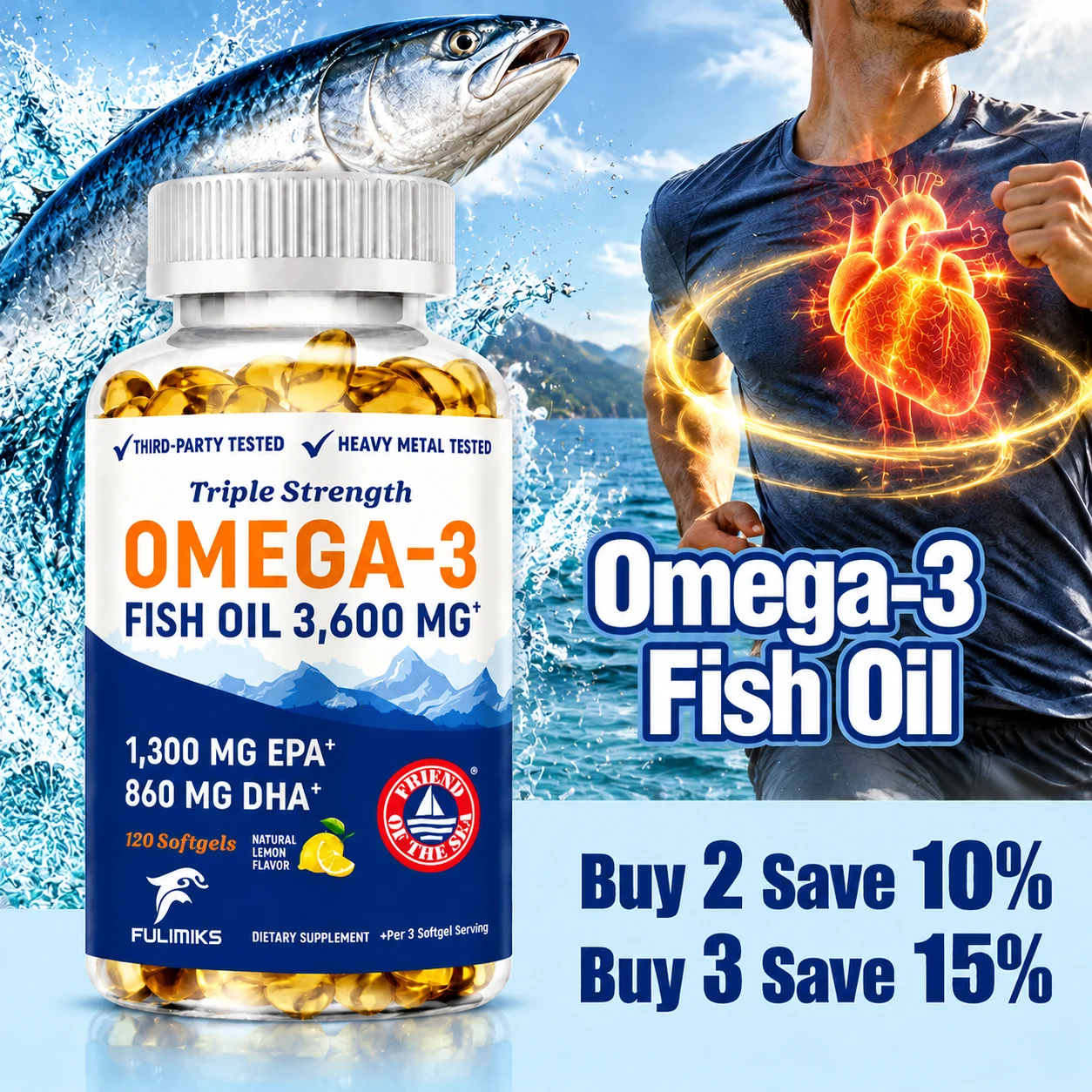 Omega-3 Fish Oil Capsules, with EPA, DHA, Support Heart & Cardiovascular, Brain, Eye, Joint Health, Antioxidant, Immune