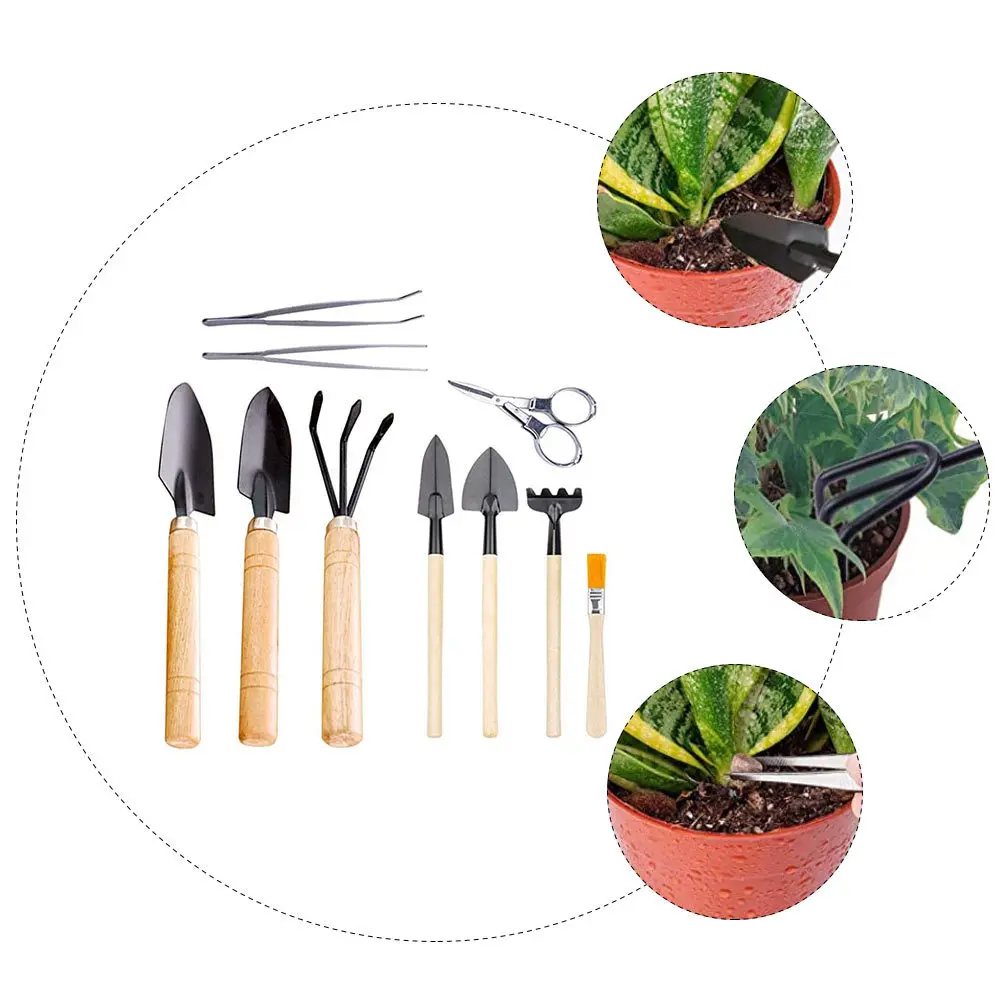 

10Pcs Mini Garden Tools Set Bonsai Wooden Hand Transplanting Flower Planting Succulents Gardening Accessories Mini Set for Plant
