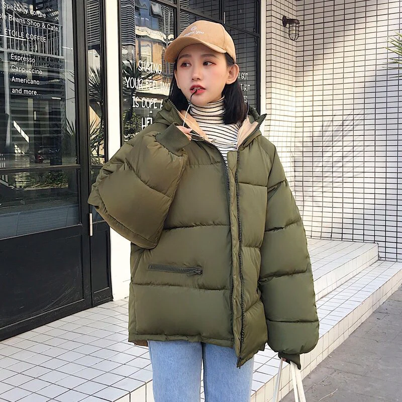 Black Down Cotton Jacket Women\'s Winter 2024 New Solid Bread Top Parkas Korean Hooded Zipper Coat Lady Windproof Casual Outwear