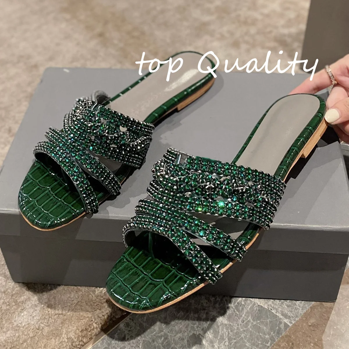 

Beach slippers Women's slippers Diamond inlay leather material Splicing color design Summer slippers