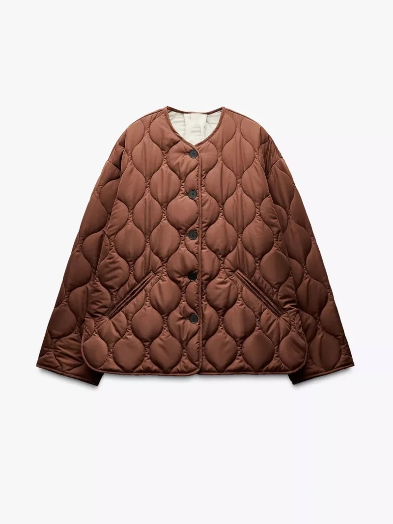 ETJ 2025 feminino outono/inverno novo Maillard marrom claro acolchoado jaqueta de diamante versão solta do casaco de pescoço redondo