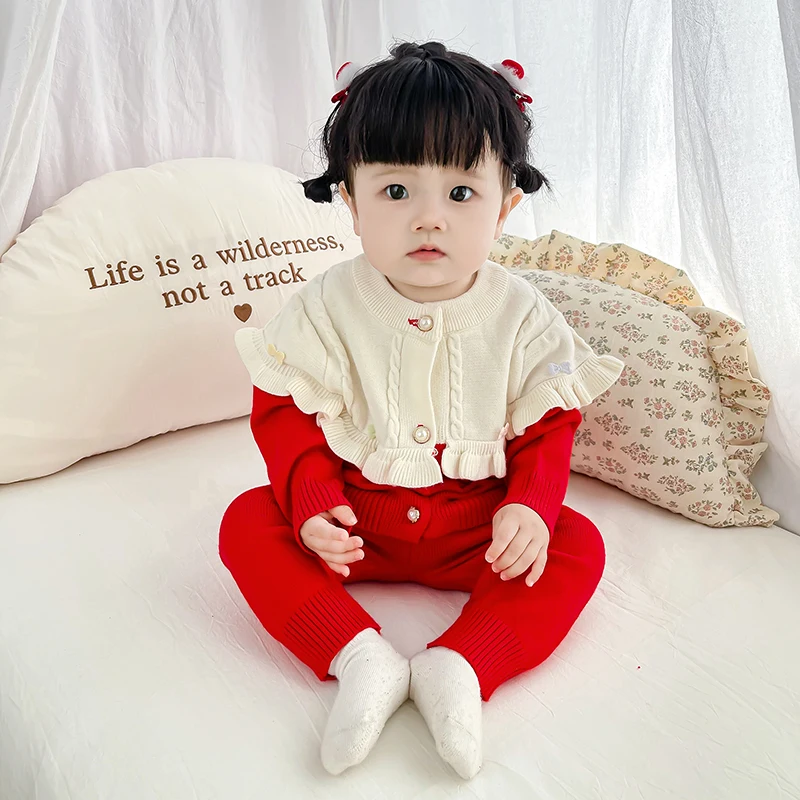 

Baby Girls Knitting Set Autumn Winter Clothes Set Sweet Bow Cotton Infant Long Sleeve Cardigan Top and Trousers 2pcs Outfits Set