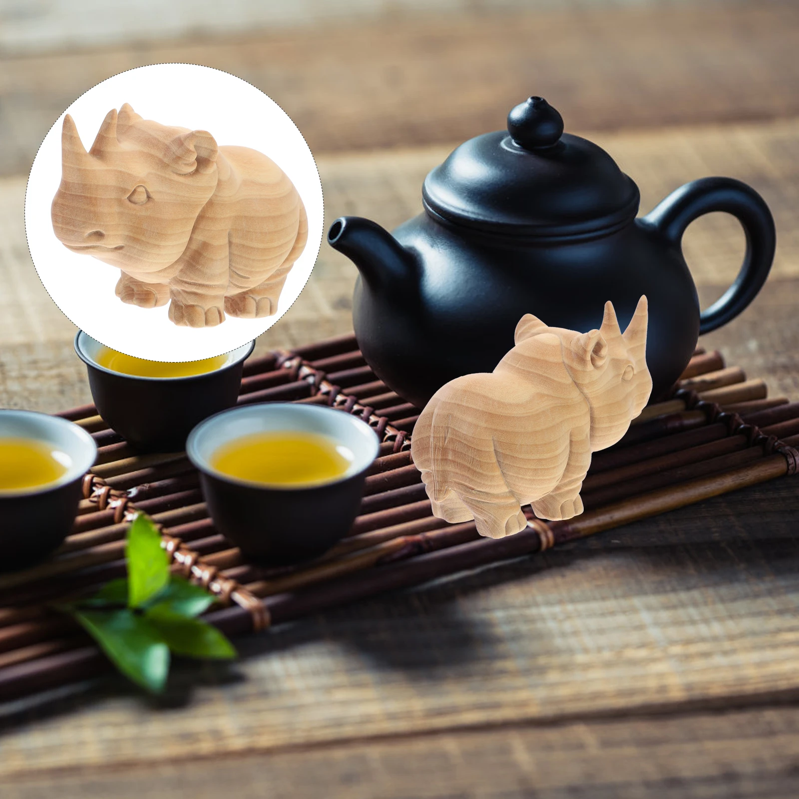 

Boxwood Rhino Statue Mini Handheld Decoration Figurine Wood Carving Desktop Ornament Home Gift Retro Design Smooth Surface
