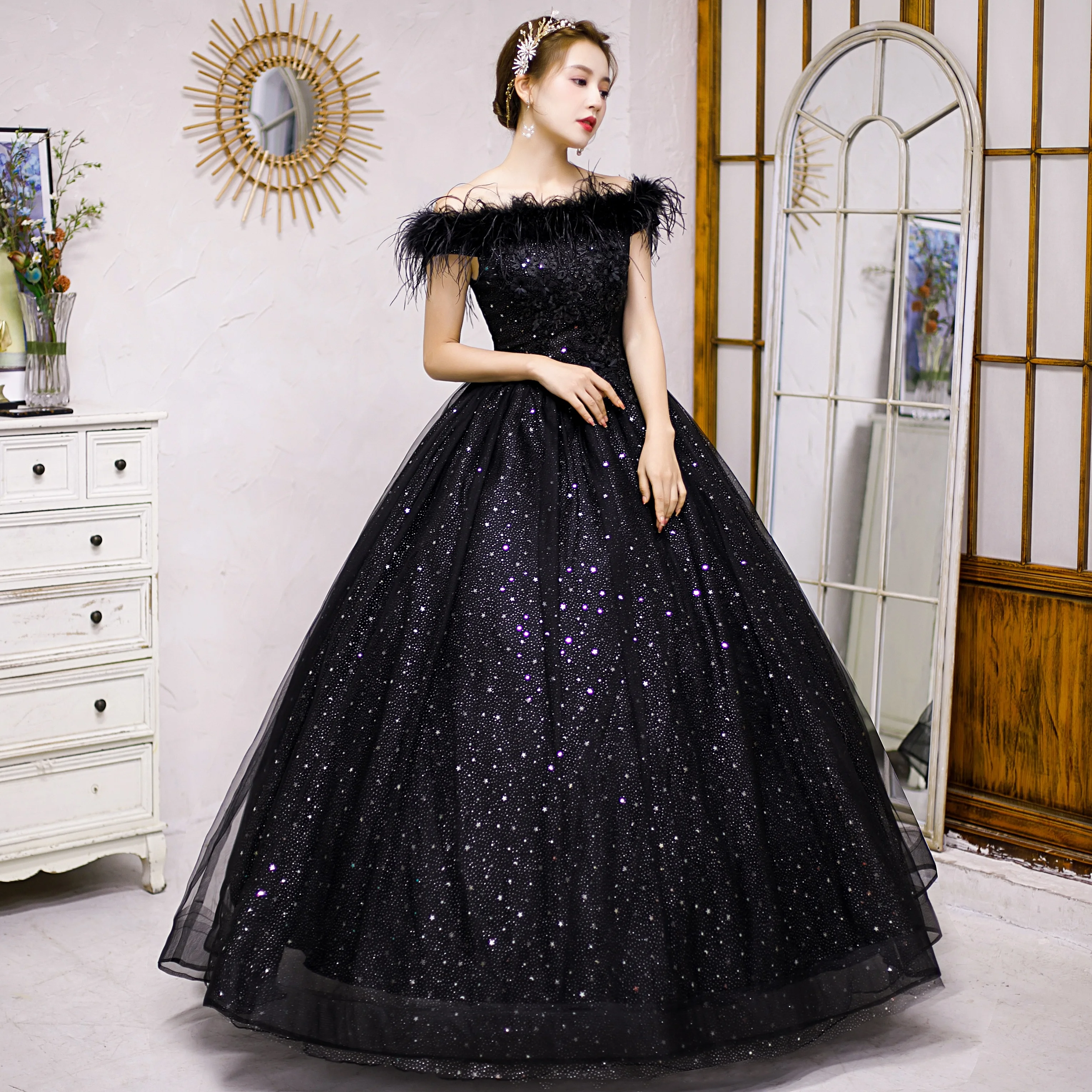 black feather slash collar quinceañera ball gown court medieval dress renaissance Gown queen Victoria/Marie/ Belle/opera gown