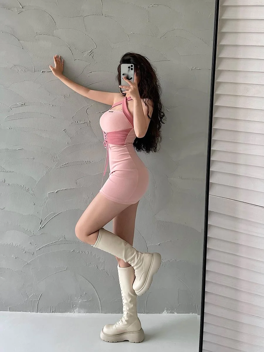 TVVOVVIN Hot Girl Style Sexy Open Back Lace Up Waist Tight Thin Neck Dress Hip Wrap Mini Dress Pink Hot Sexy Sweet Korean 0P55