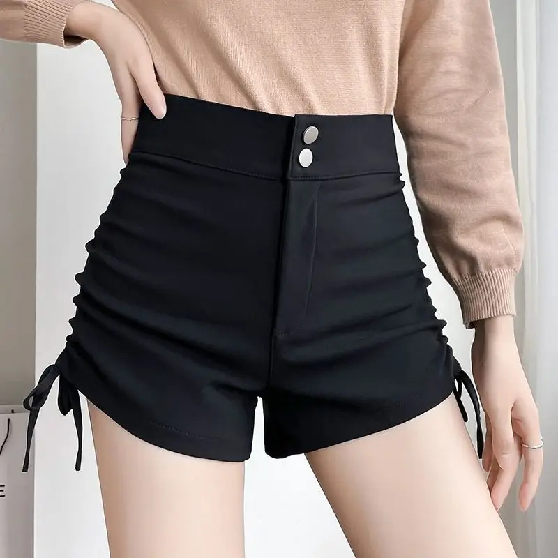 

Fashion Zipper Spliced Shirring Bandage Casual Shorts Female Clothing 2024 Summer New Loose Korean Solid Color High Waist Shorts