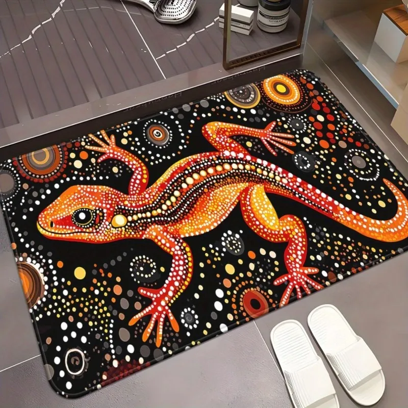 VIKAMA Aboriginal Dot‑Painting Gecko Doormat,Non‑Slip Absorbent Floor Rug,Boho Ethnic Lizard Decor Mat Bathroom Entryway Home
