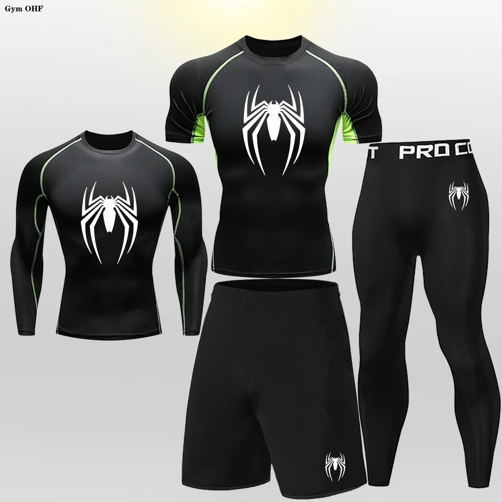 2D Print Spider Anime Boy's Printed Compression Set Long Sleeve Gym Top + Fitness Pants + Athletic Shorts Quick Drying  5-piece