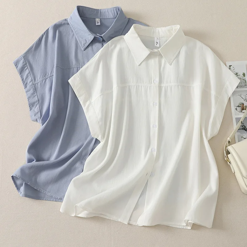 Women Solid Shirt Basic Tops Short Batwing Sleeves Turn Down Collar Single Breasted Thin Loose Office Lady Casual 2026 Summer