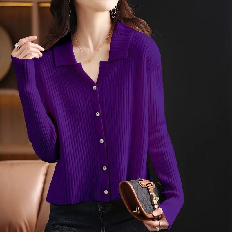 Women Clothing Fashion Polo-Neck Knitted Pullovers Spring Autumn Exquisite Solid Knitwear Office Lady Casual Loose Chic Top